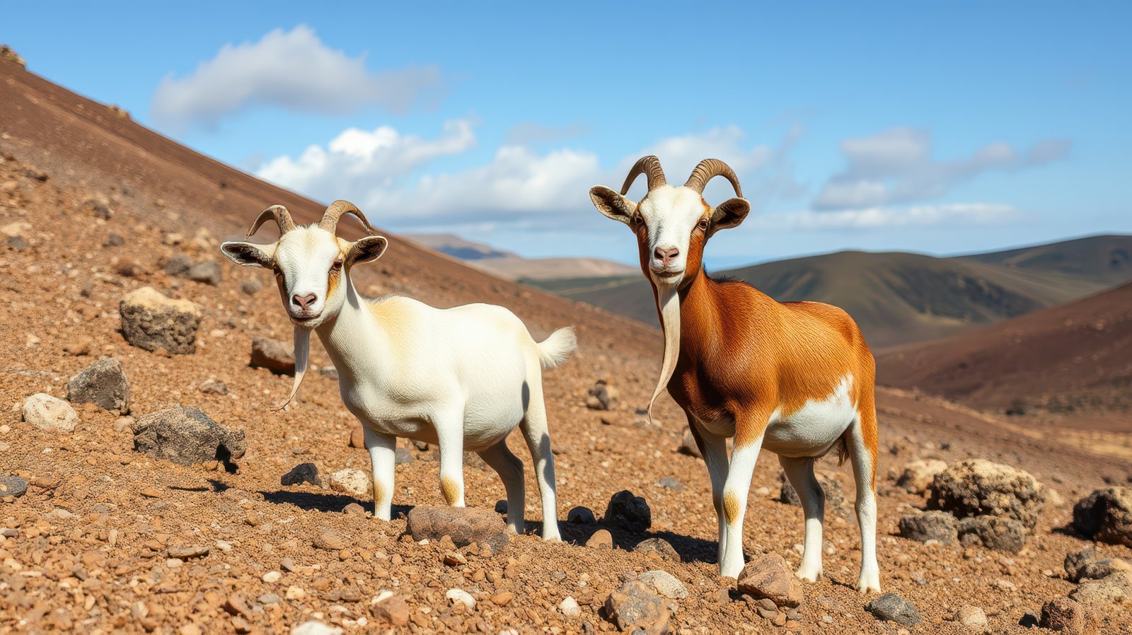 Two young goats exploring a rocky landscape under a clear blue sky in the mountains during daylight hours